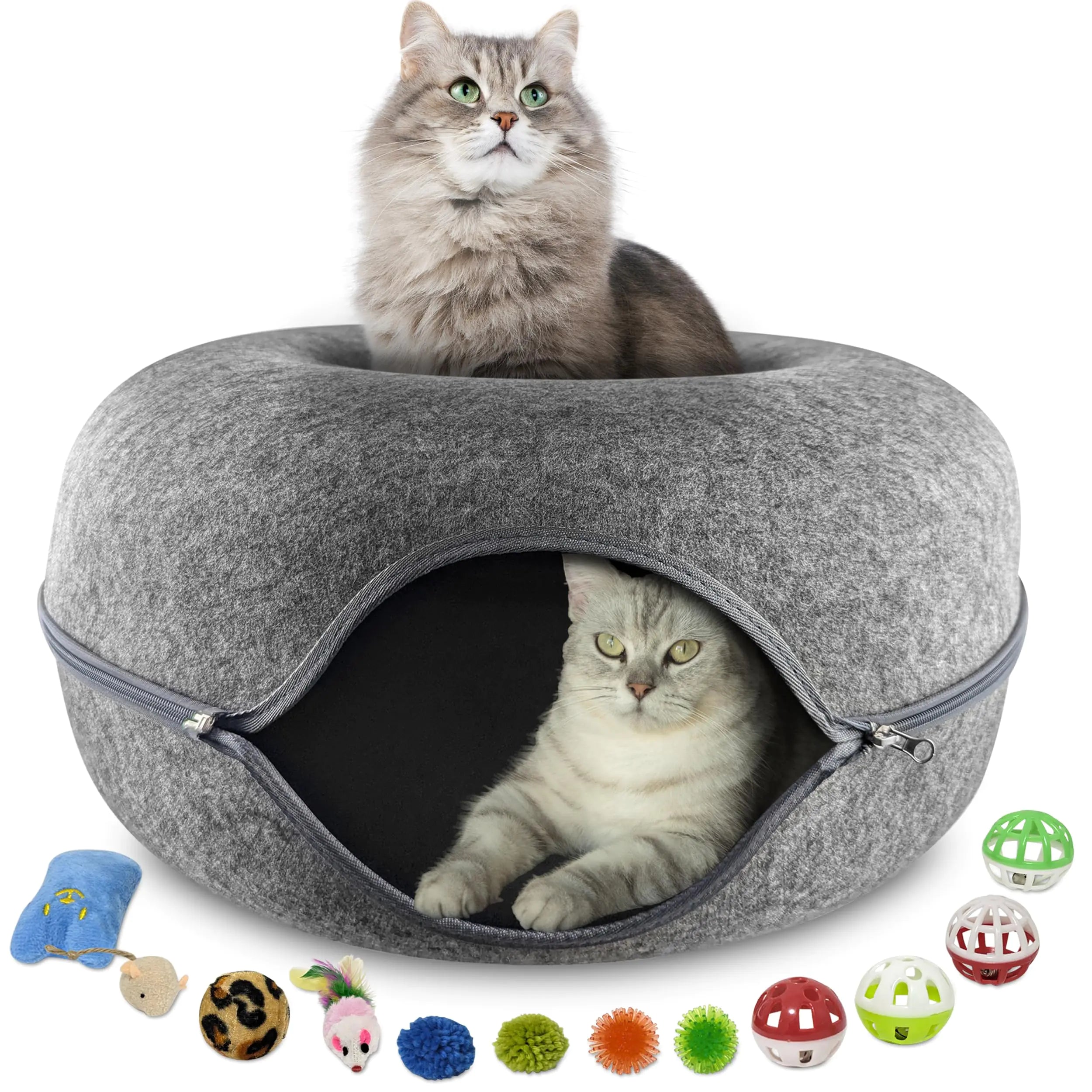 Jinkenz Cat Tunnel Bed – Large Cat Donut Tunnel with 12-Pcs Cat Toy Set – Soft Felt Cat Caves for Indoor Cats with Upgraded Zipper – Scratch-Resistant Cat Cave Bed – Comfortable Peekaboo Cat Cave
