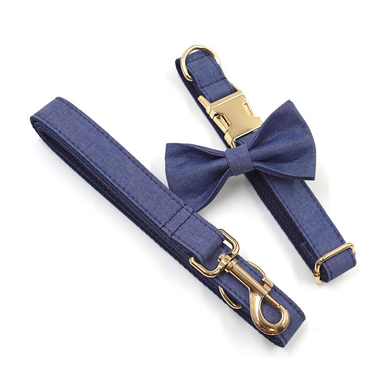 Deep Denim Gold Buckle Pet Collar with Leash & Bow Tie