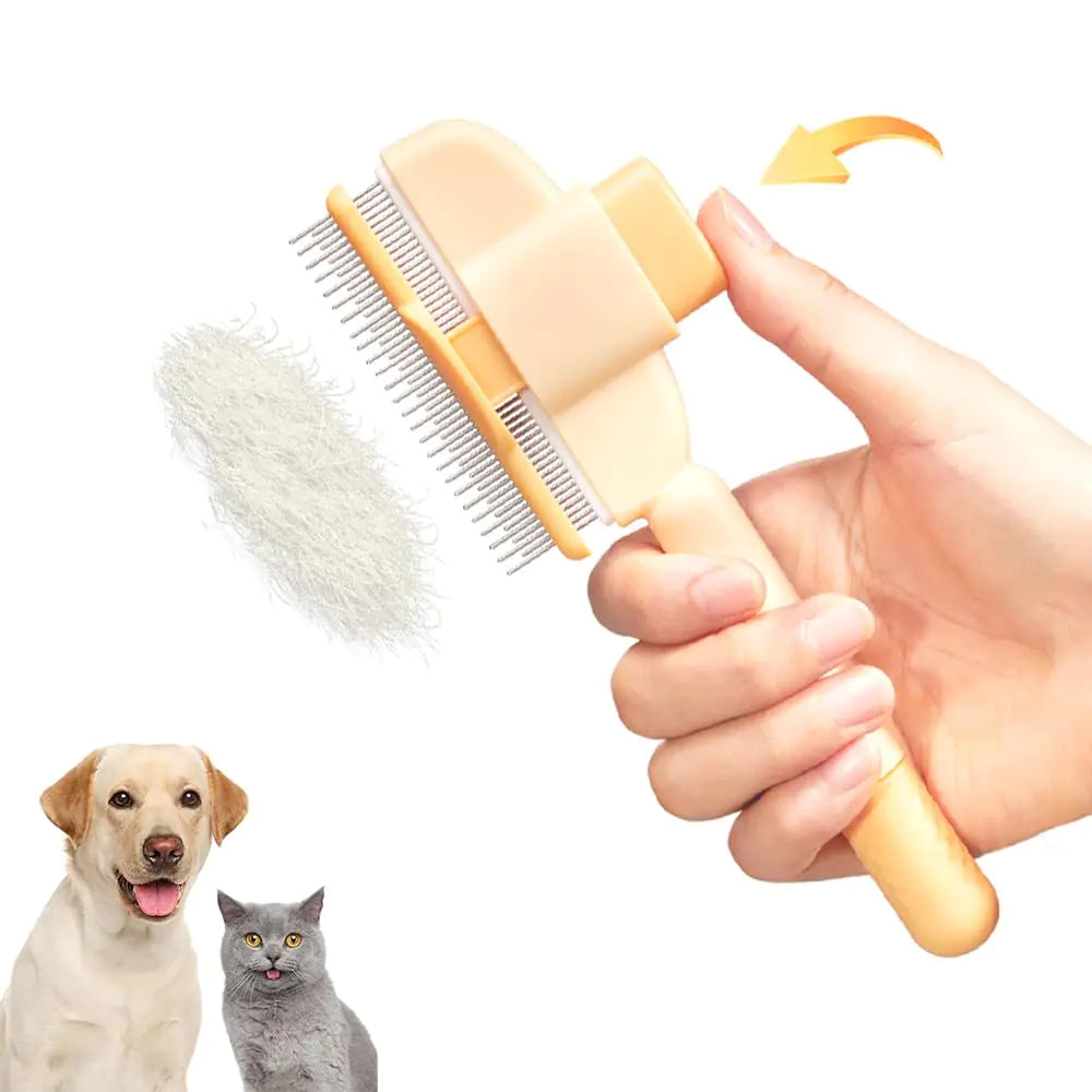 Marchul Cat Comb with Release Button Cat Grooming Comb with Long and Short Stainless Steel Metal Round Teeth Pet Comb Brush for Removing Matted Fur Knots & Loose Fur for Dogs and Cats(Yellow)
