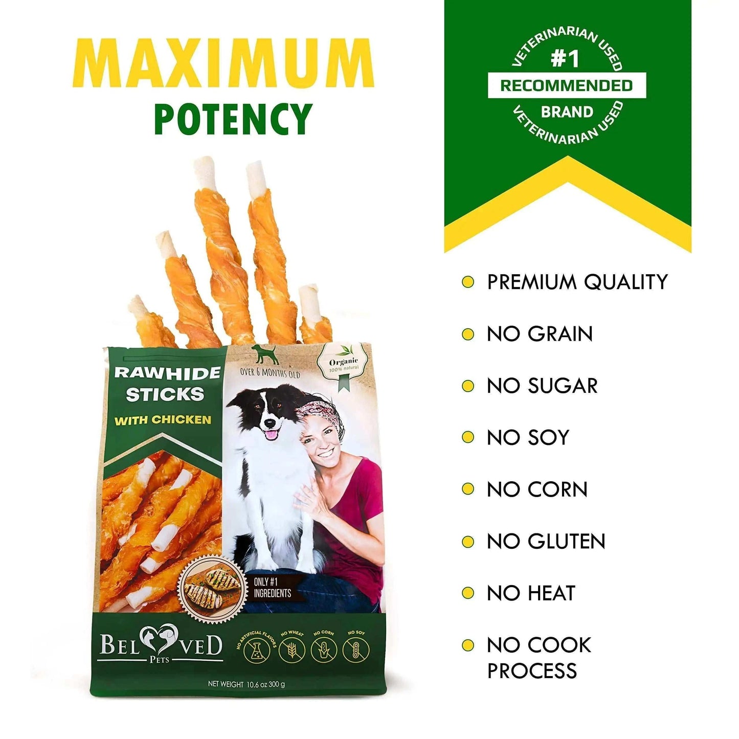 Belved Chicken-Wrapped Rawhide Sticks – Natural Grain-Free Dog Chew Treats | Long-Lasting Snack