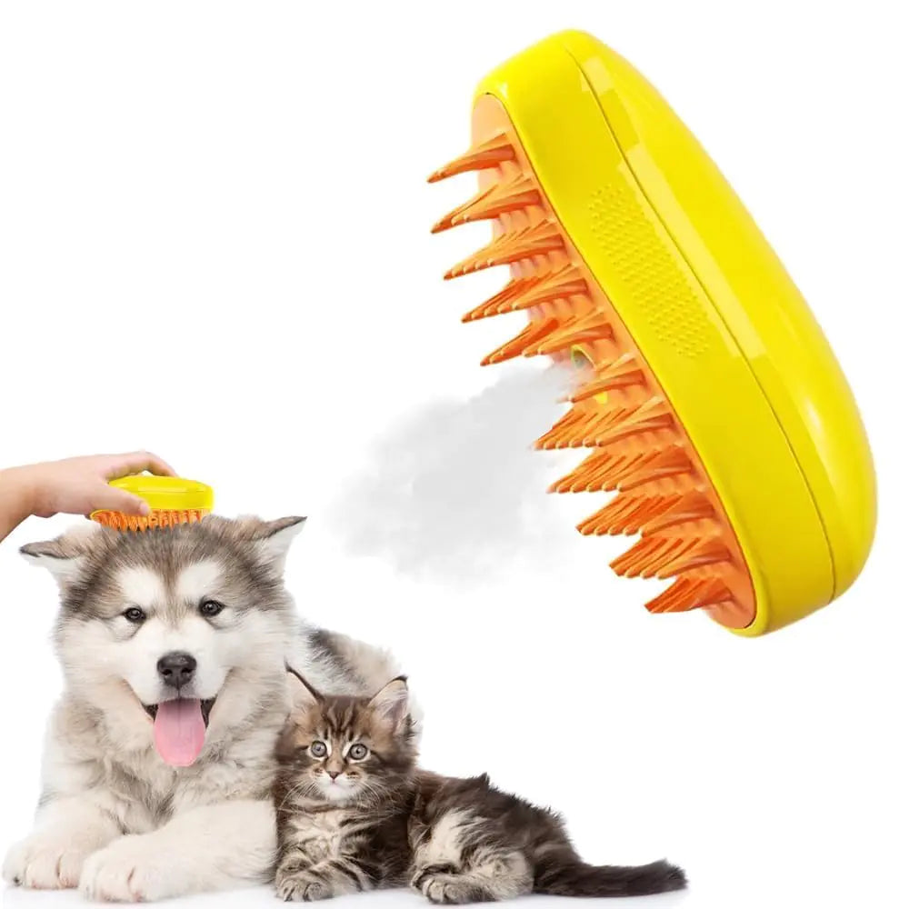 Steamy 3-in-1 Self-Cleaning Steam Cat Grooming Brush - Massage Detangle and Remove Loose Hair - Yellow
