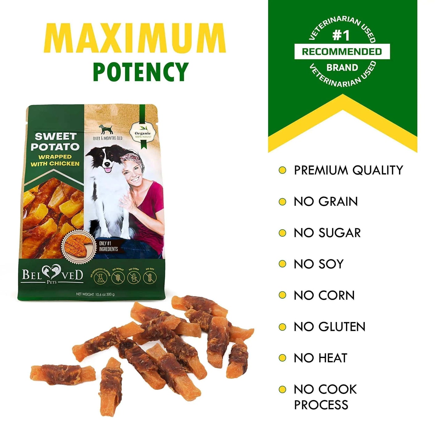 Belved Chicken-Wrapped Sweet Potato Chews – Natural Grain-Free Dog Treats | Healthy, High-Protein Snack