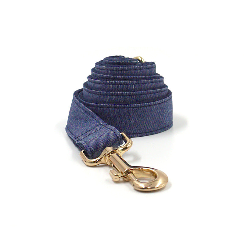 Deep Denim Gold Buckle Pet Collar with Leash & Bow Tie