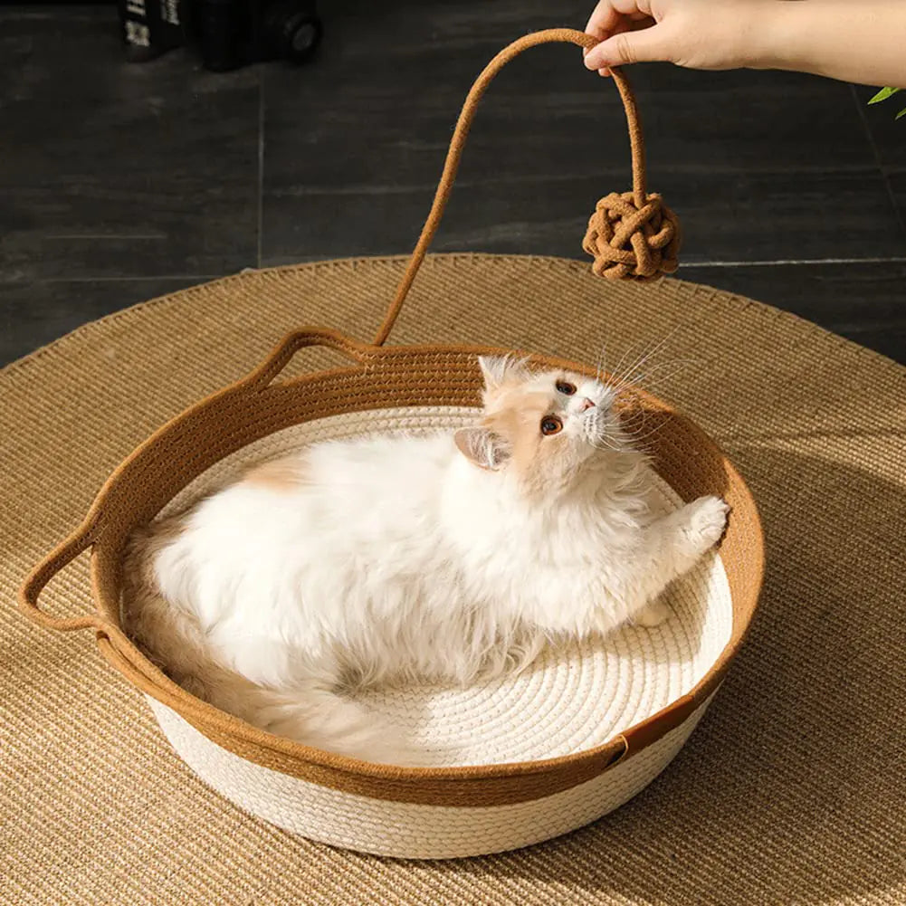 JIALI7SEC Handwoven Cotton Rope Cat Bed Cat Hammock Foldable Sleeping Nest Basket Handmade Natural Cradle Scratcher Cuddler for Kitten Cute Style with a Playing Rope Ball Large Brown