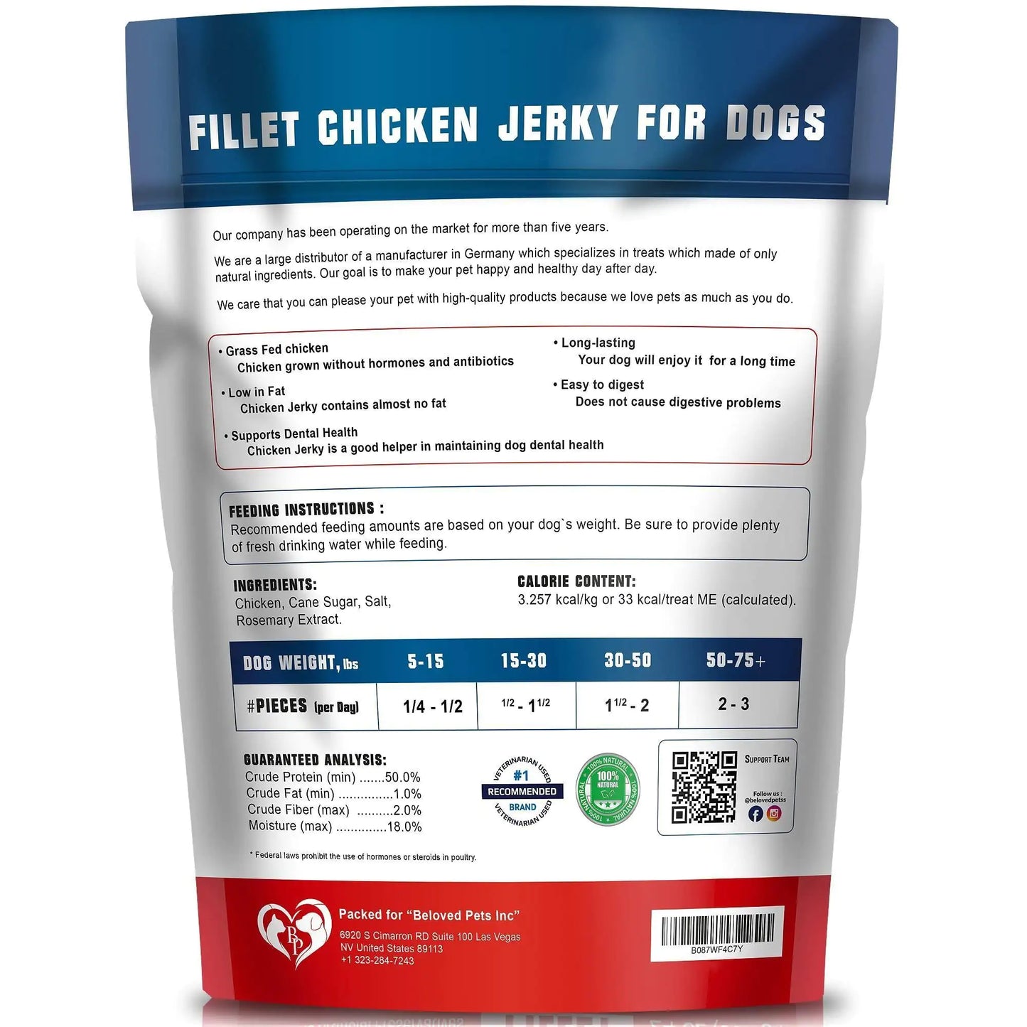 Belved Chicken Jerky Dog Treats – Human-Grade, Grain-Free, 1.5 lb