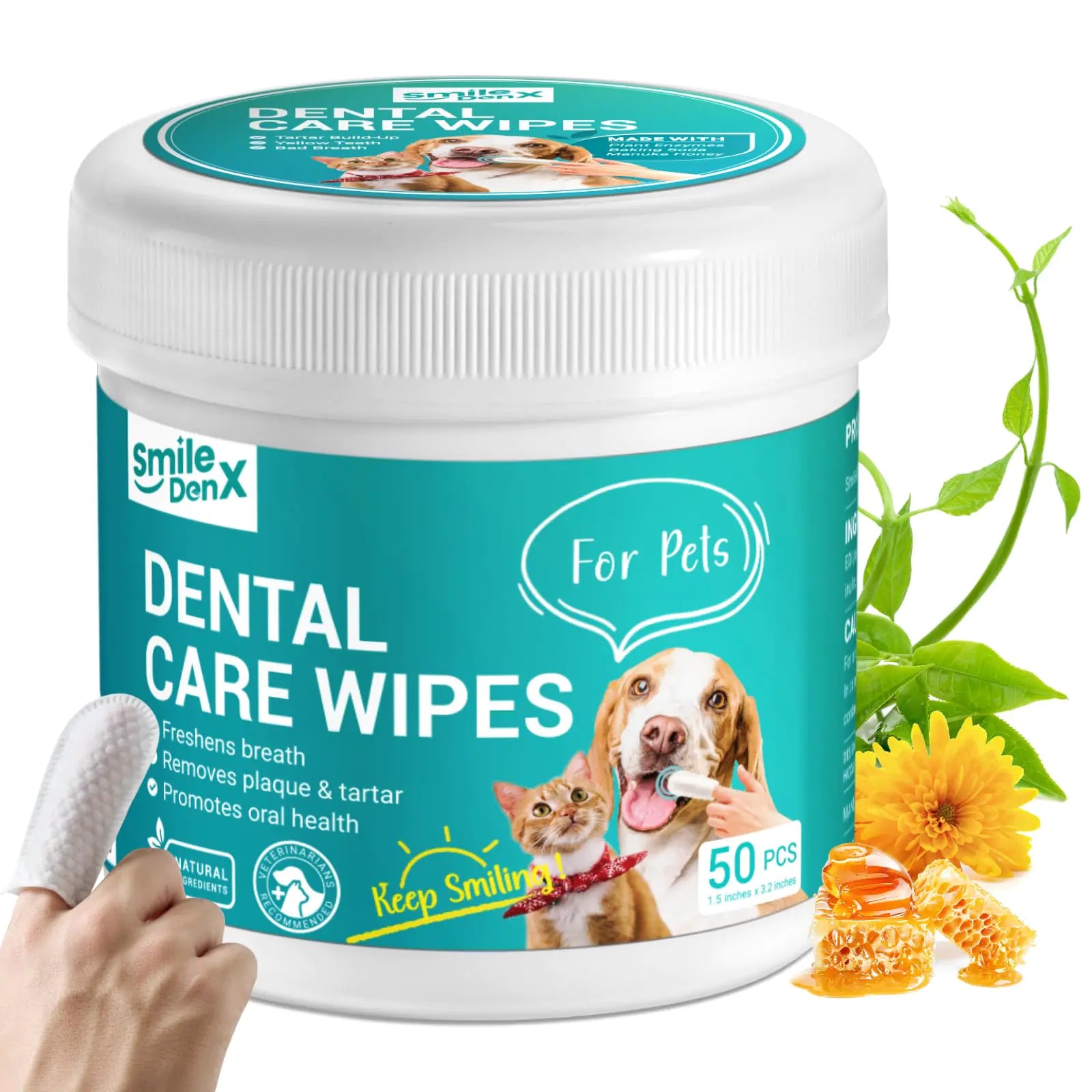 SmileDenX Dog Dental Care Wipes - Cat & Dog Teeth Cleaning Finger Wipes - Dog Tooth Brushing Kit Dental Wipes - Reduces Plaque & Freshens Breath Beef Flavor (50 Pcs)